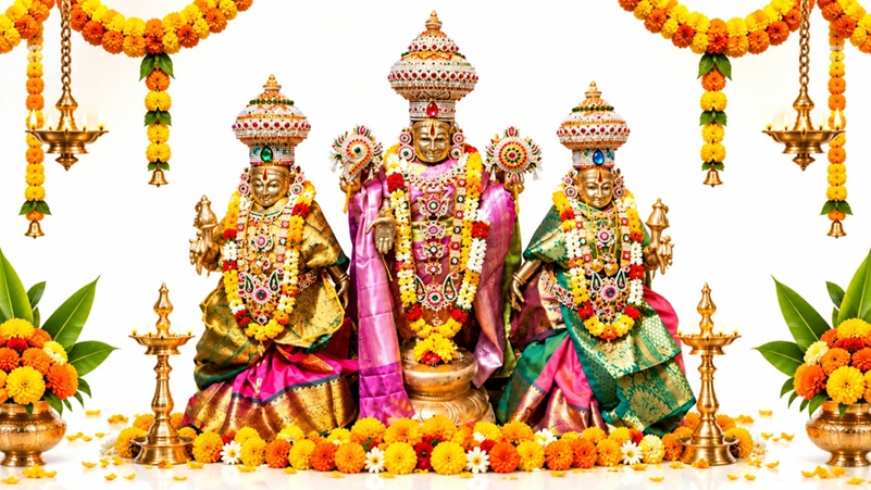 Goddess Durga seated with many arms holding sacred weapons